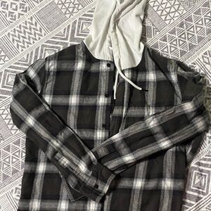 Mens Plaid Hoodie Shirt with Gray , Green &White Accents